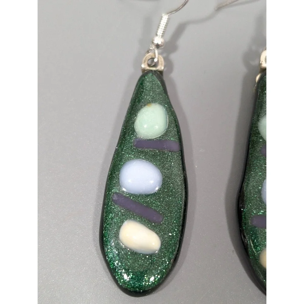 Handmade Fused Glass Green‎ Blue Teardrop Dangle Earrings Artisan